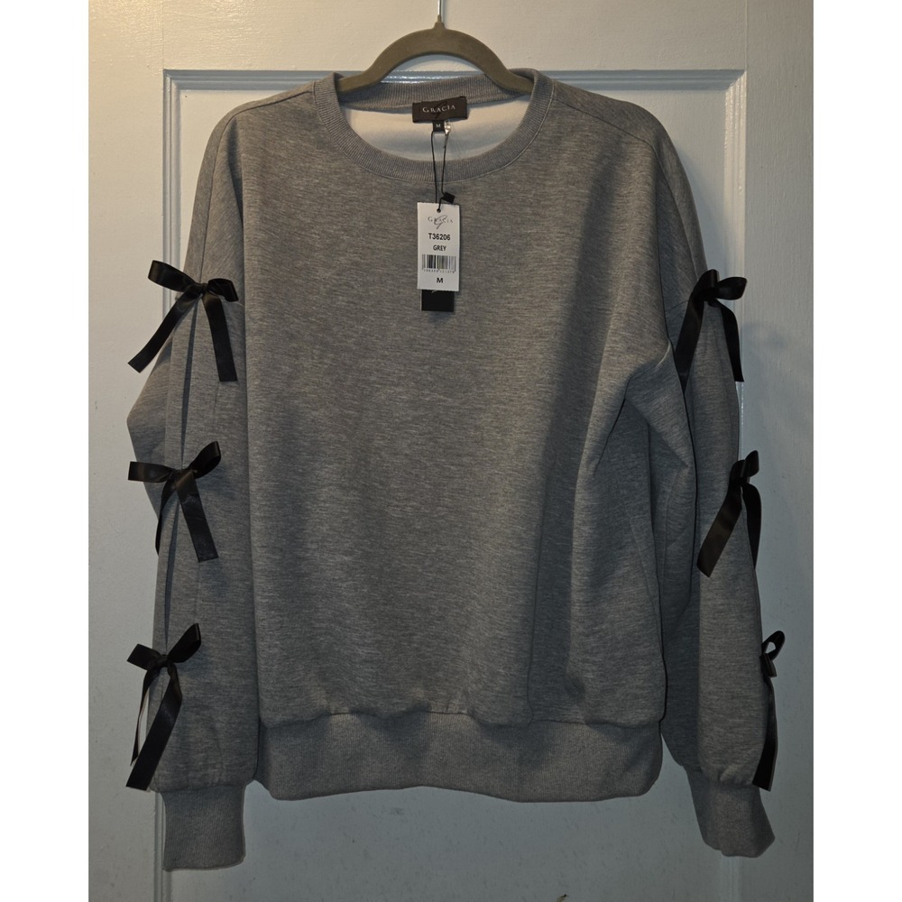 Gracia Grey W Black Bow Tie Sleeve Sweatshirt. M. Adorable. NWT